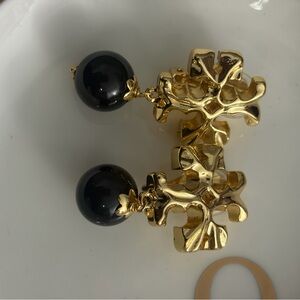 Gold Cross Drop Earring with Black Bead